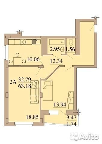 2-к квартира, 63.2 м², 2/13 эт.