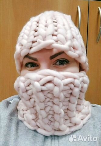 Шапка и шарф (снуд) крупной вязки, новые комплекты