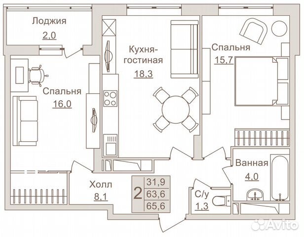 2-к квартира, 65.6 м², 9/17 эт.