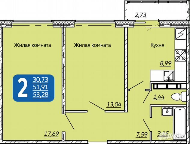 2-к квартира, 53.3 м², 1/16 эт.