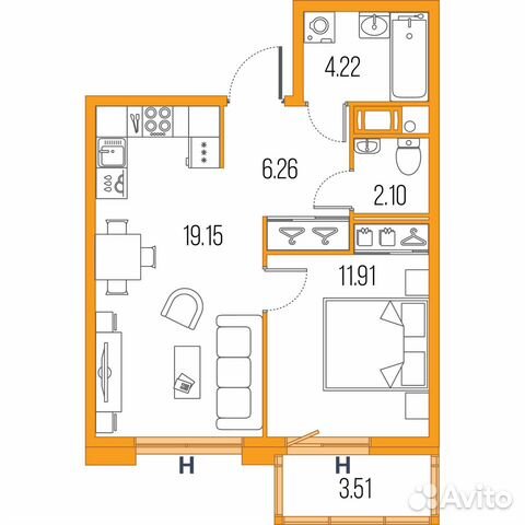 1-к квартира, 43.6 м², 16/22 эт.
