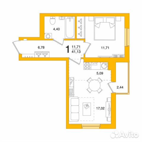1-к квартира, 41.1 м², 1/6 эт.