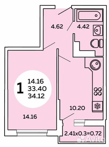 1-к квартира, 33.9 м², 11/14 эт.