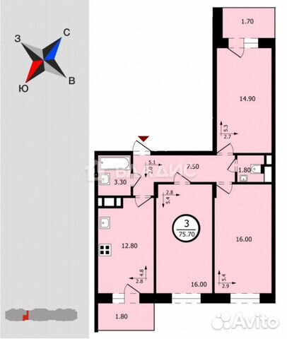 3-к квартира, 75.7 м², 2/18 эт.