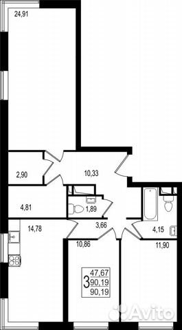 3-к квартира, 90.2 м², 6/27 эт.