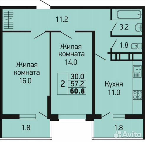 2-к квартира, 60.8 м², 20/25 эт. 2-к квартира, 60.8 м², 20/25 эт.
