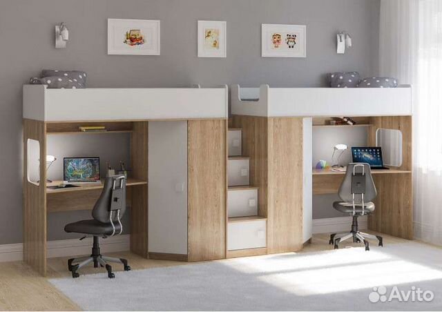 Кровати чердаки для двоих с рабочей зоной