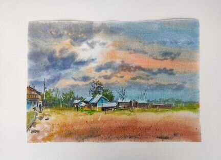 Картина акварелью. Сельский пейзаж