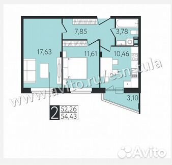 2-к квартира, 54.4 м², 6/8 эт.