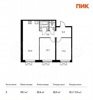2-к квартира, 59.1 м², 3/15 эт.