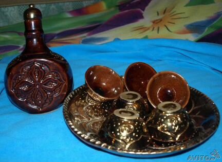 Комплект-штоф,пиалы,поднос для спиртного-глина-90е